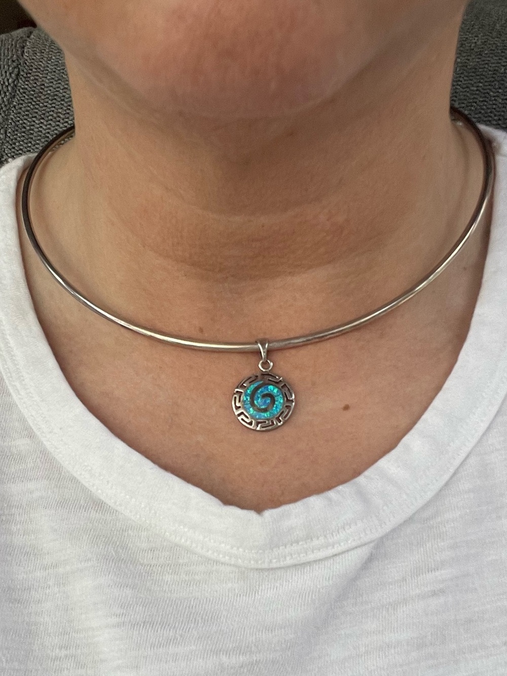 Blue Opal Sterling Silver Swirl Pendant on Torque Choker